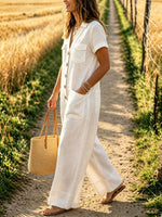 Womens White Linen V Neck Button Front Jumpsuit, Short Sleeve Pocket Wide Leg Long Overall