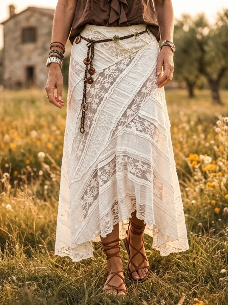 Women's Solid Lace Patchwork Asymmetric Hem Midi Skirt