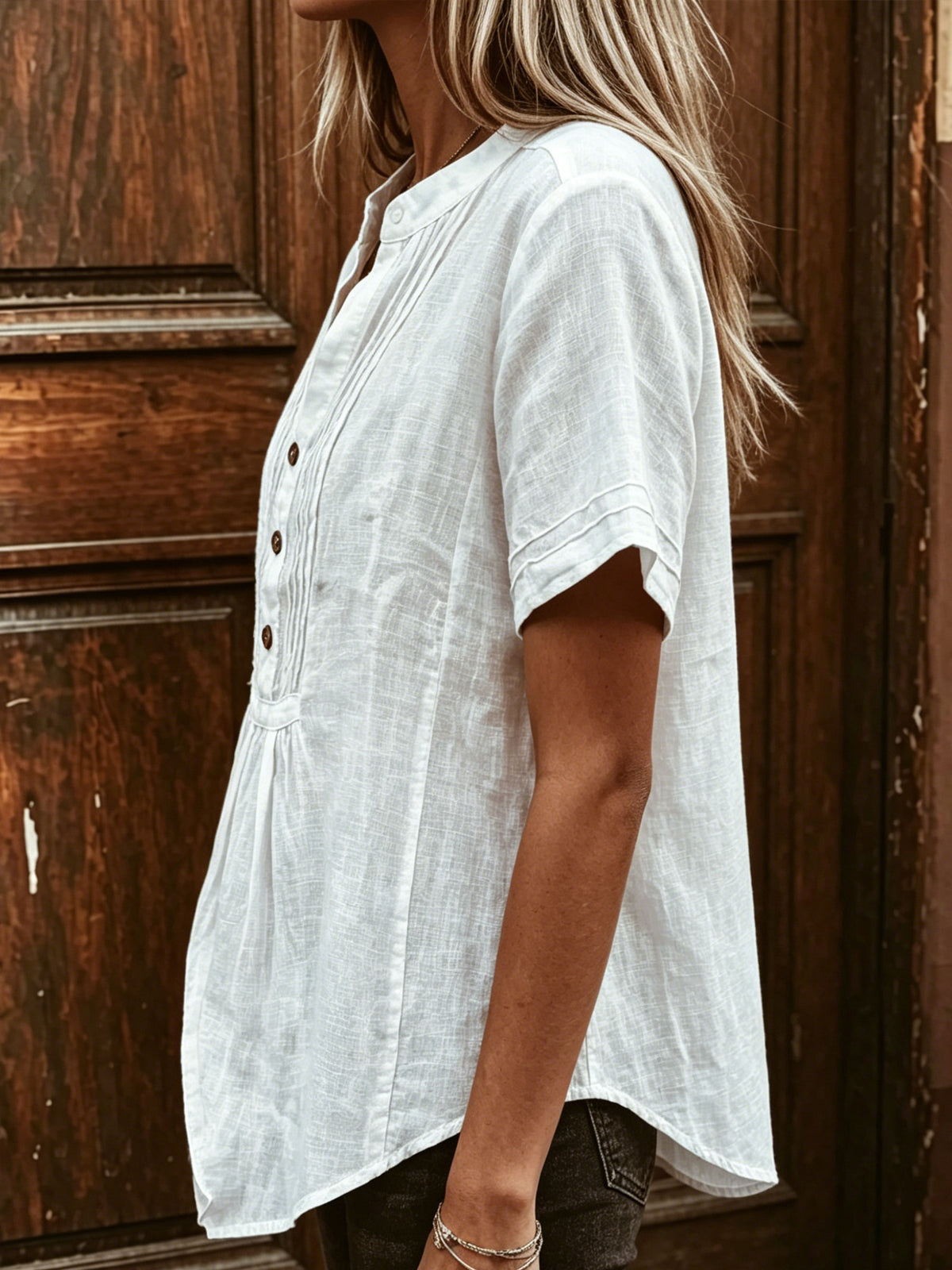 Women's Causal Cotton-linen Short-sleeve Round-neck Shirt