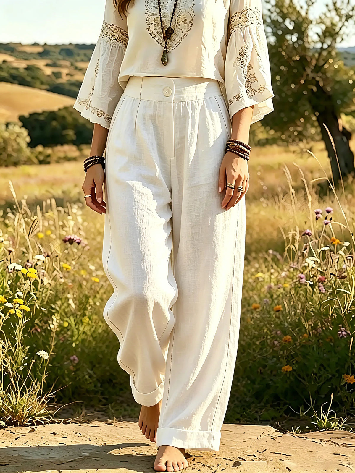 Women's Solid Textured High Waist Cuffed Straight Linen Trousers 10