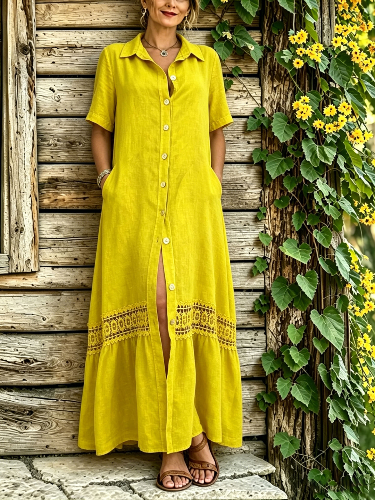 Women’s Casual Cotton Short Sleeve Ruffled Hem Bottom Down Pocket Maxi Dress