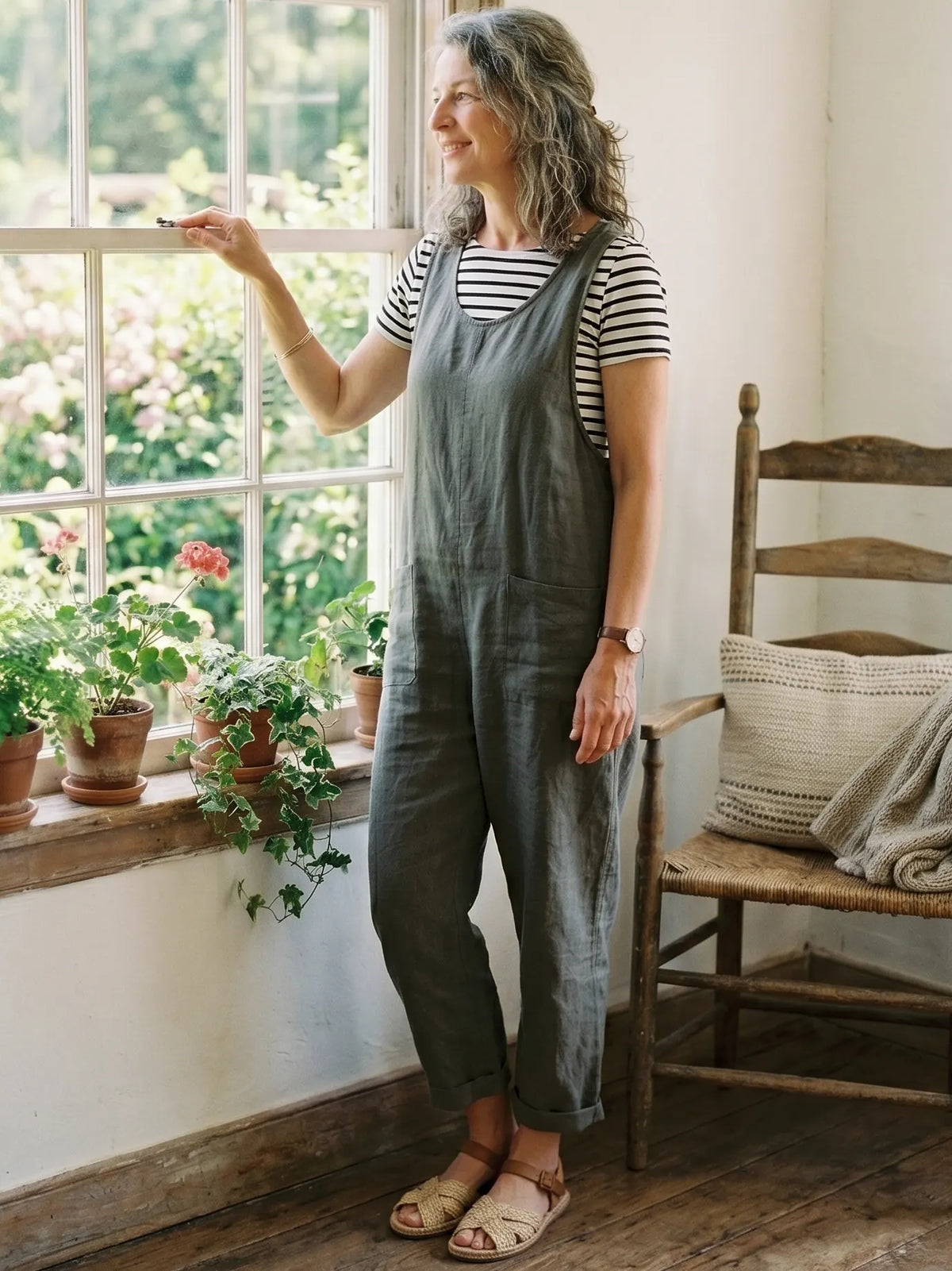Women's Solid Sleeveless Big Pocket Cuffed Linen Overalls Jumpsuit