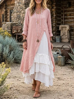 Women's Open Front Long Tunic Cardigan Ruffle Tiered Dress Two Piece Set