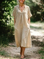 Women’s V Neck Stand Collar Linen Midi Dress, Loose Short Sleeve Casual Dress With Side Pockets
