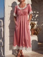 Vintage Art Comfortable Summer Fabrics Satin Patchwork Lace Dress