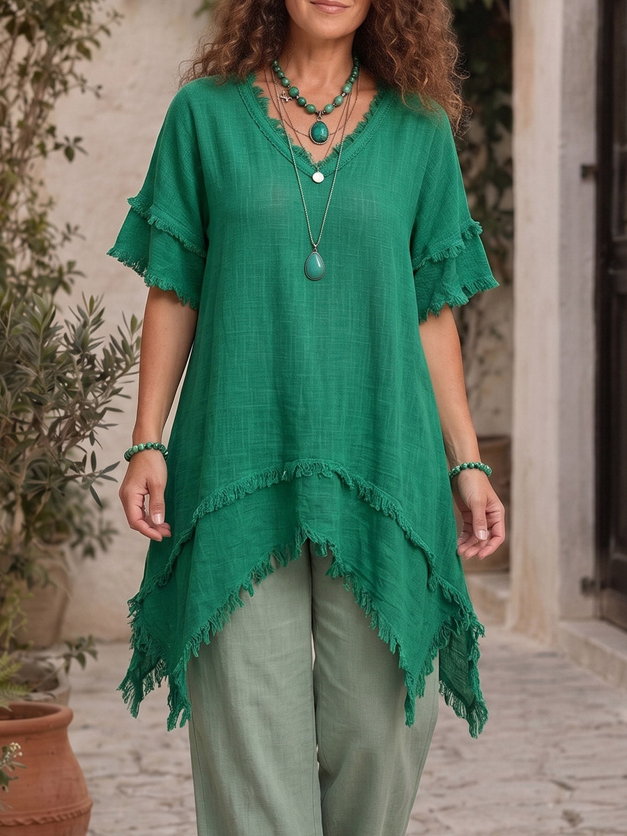 Vintage Art Comfortable Summer Fabrics Asymmetrical Cotton-Linen Blend Shirt