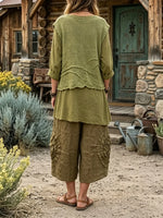Women's Solid Vest Three Quarter Sleeve Tunic Linen Cropped Pants 3 Piece Outfit