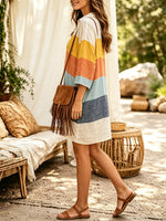 Women's Vintage Color Block Horizontal Stripe Print Collar 3/4 Sleeve Mini Dress