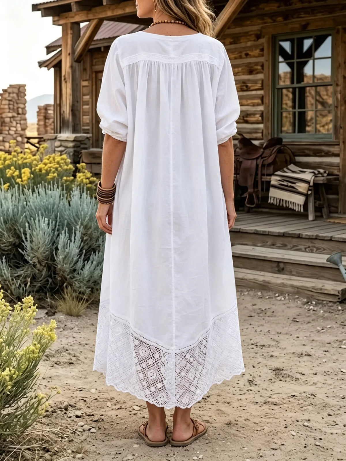 Women's Solid Lace Panel Split Neck Linen Poctket Dress