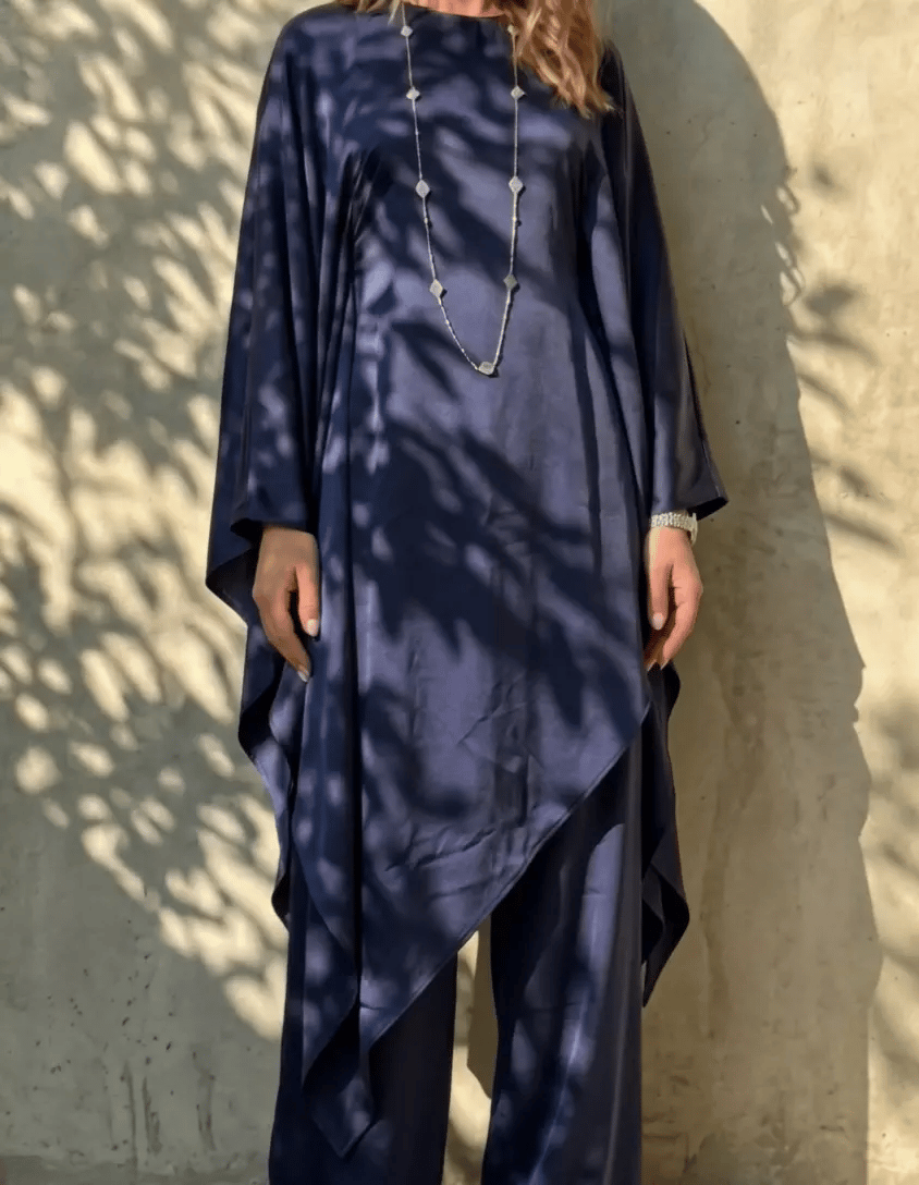 Women's Satin Two-piece Set, Featuring An Asymmetrical Shawl-sleeved Long Top And Wide-leg Trousers.