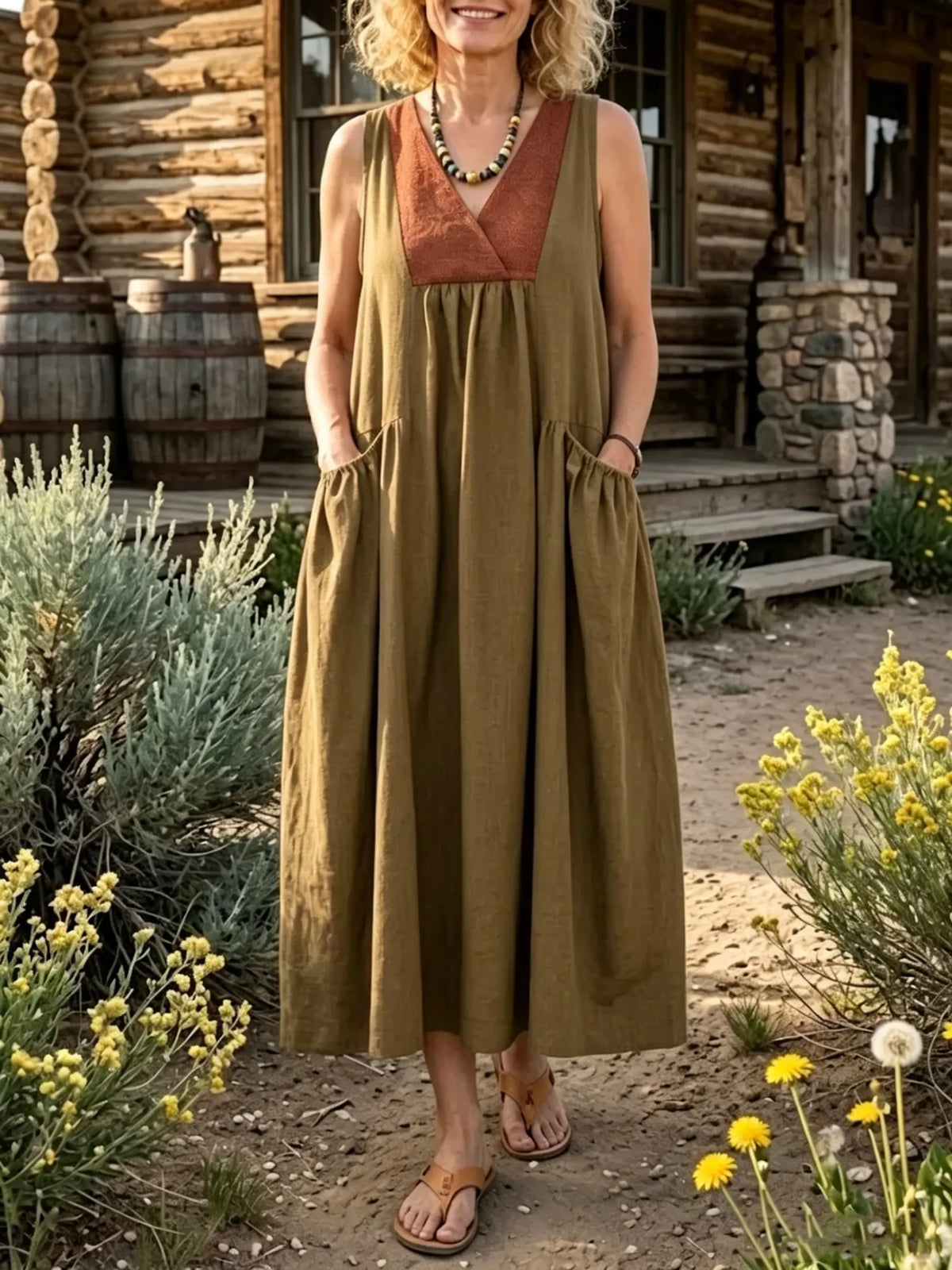 Women's Solid Color Block V Neck Sleeveless Pockets Dress