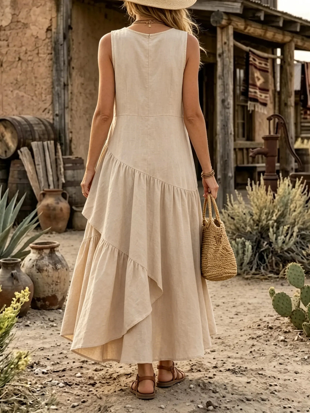 Asymmetrical Ruffle Linen Dress