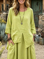 Women's Solid Linen Two Piece Top Skirt Set