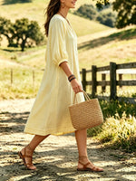 Women's Solid Textured Split Neck Bubble Short Sleeve Loose Midi Dress