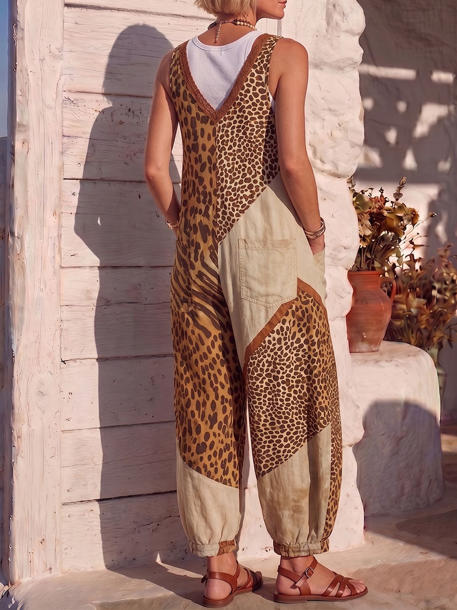Vintage Art Comfortable Summer Fabrics Sleeveless Patchwork Leopard Print Chiffon Jumpsuit