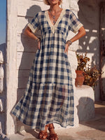 Vintage Art Comfortable Summer Fabrics Cotton Linen Contrasting Plaid Dress