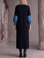 Women's Long-sleeve Casual Loose-fit Color-block Patchwork Dress With Collar