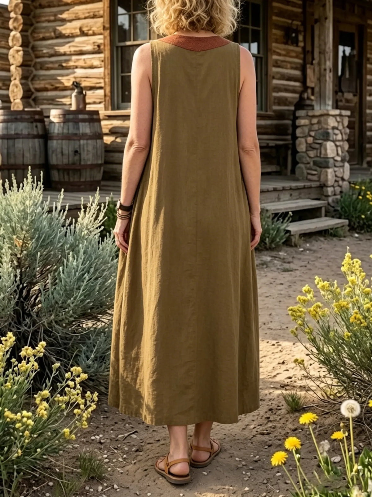 Women's Solid Color Block V Neck Sleeveless Pockets Dress