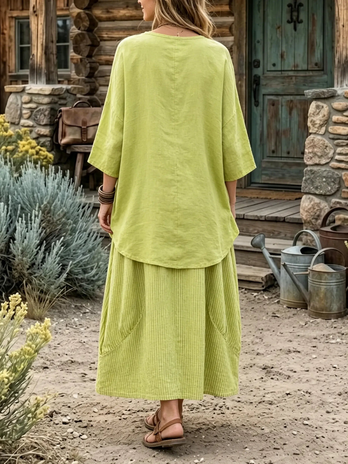 Women's Solid Linen Two Piece Top Skirt Set