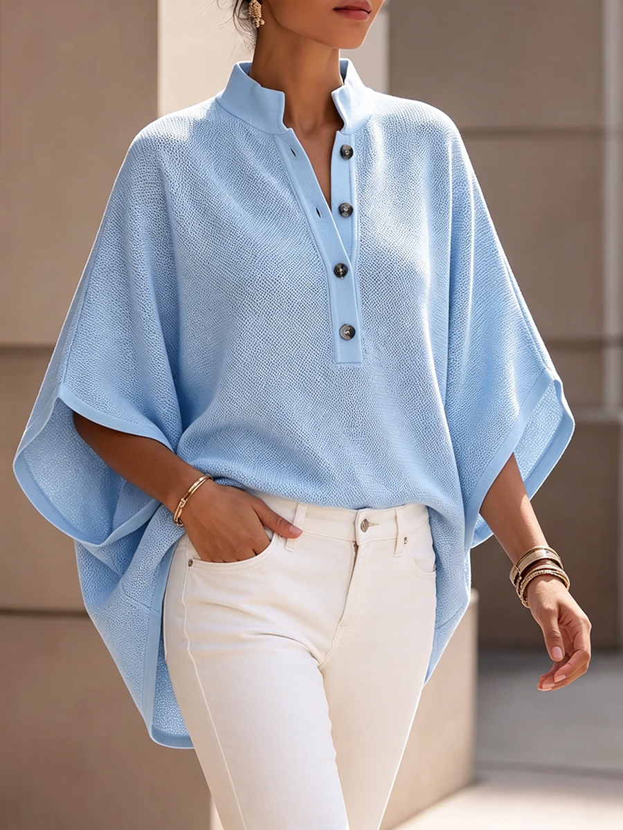 Minimalist Elegant Henley-neck Batwing-sleeve Knit Top