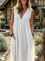 Women's Solid Swiss Dot Lace Trim Sleeveless Pocket Dress