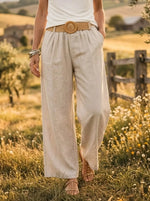 Women's Solid Linen-Blend Elastic Waist Wide Leg Trousers