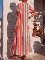 Vintage Art Comfortable Summer Fabrics Cotton Linen Contrasting Stripes Dress