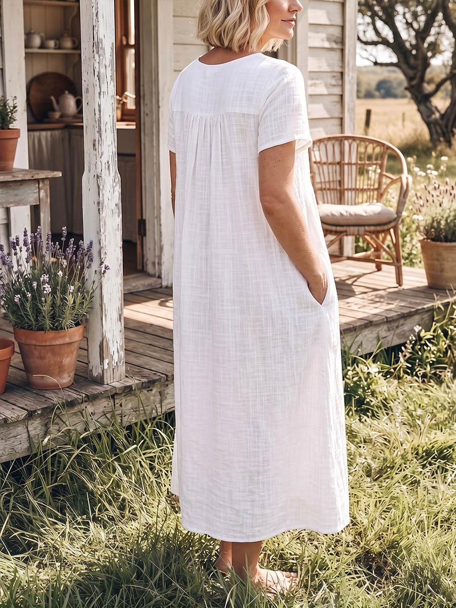 Vintage Art Comfortable Summer Fabrics Cotton And Linen Patchwork Embroidery Dress
