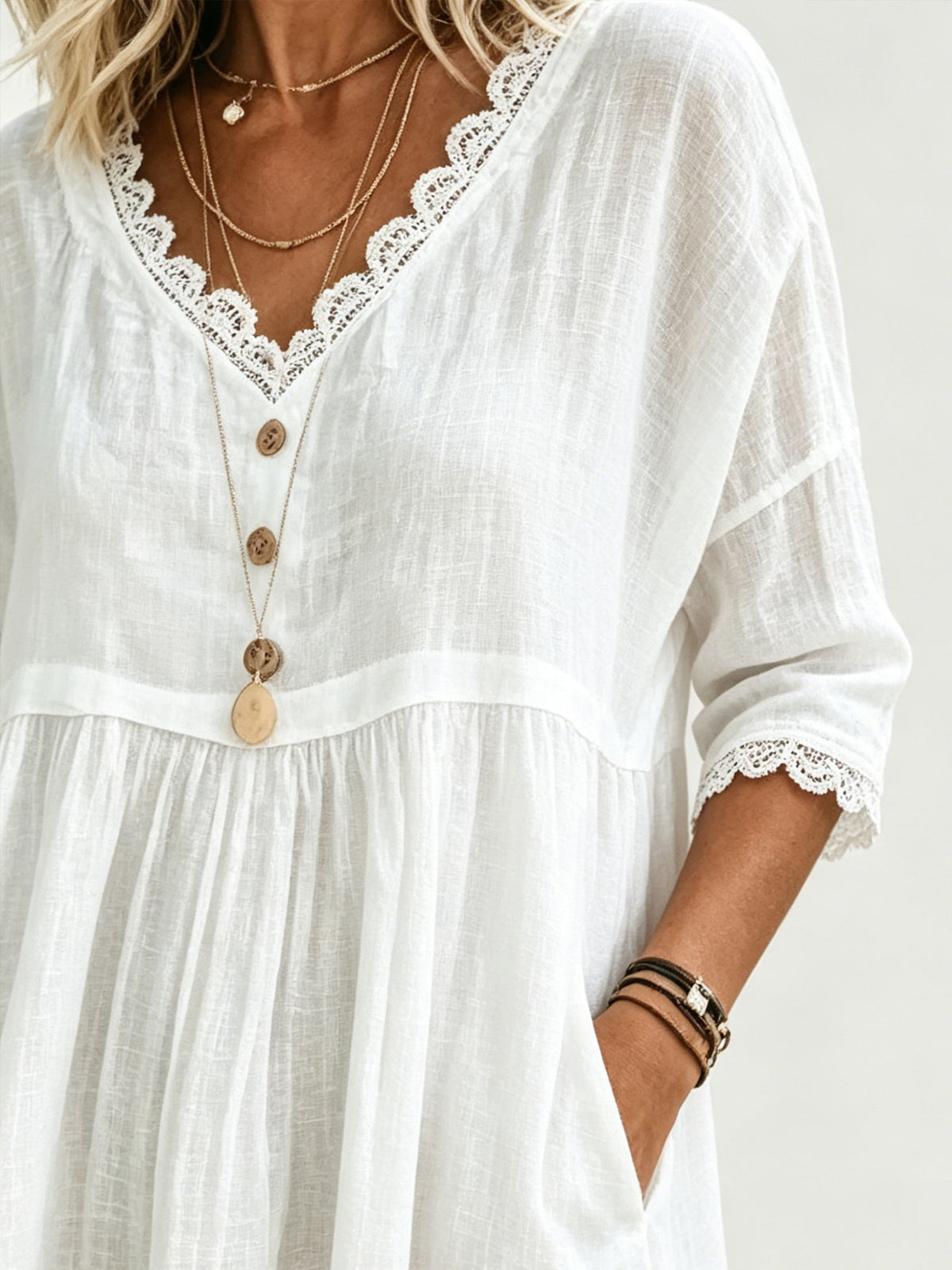 Women’s Casual Cotton Lace Collar Trim V Neck Pocket Dress
