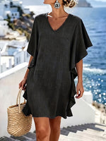 Women's Solid Color V-neck Short-sleeve Casual Loose Cotton-linen Dress