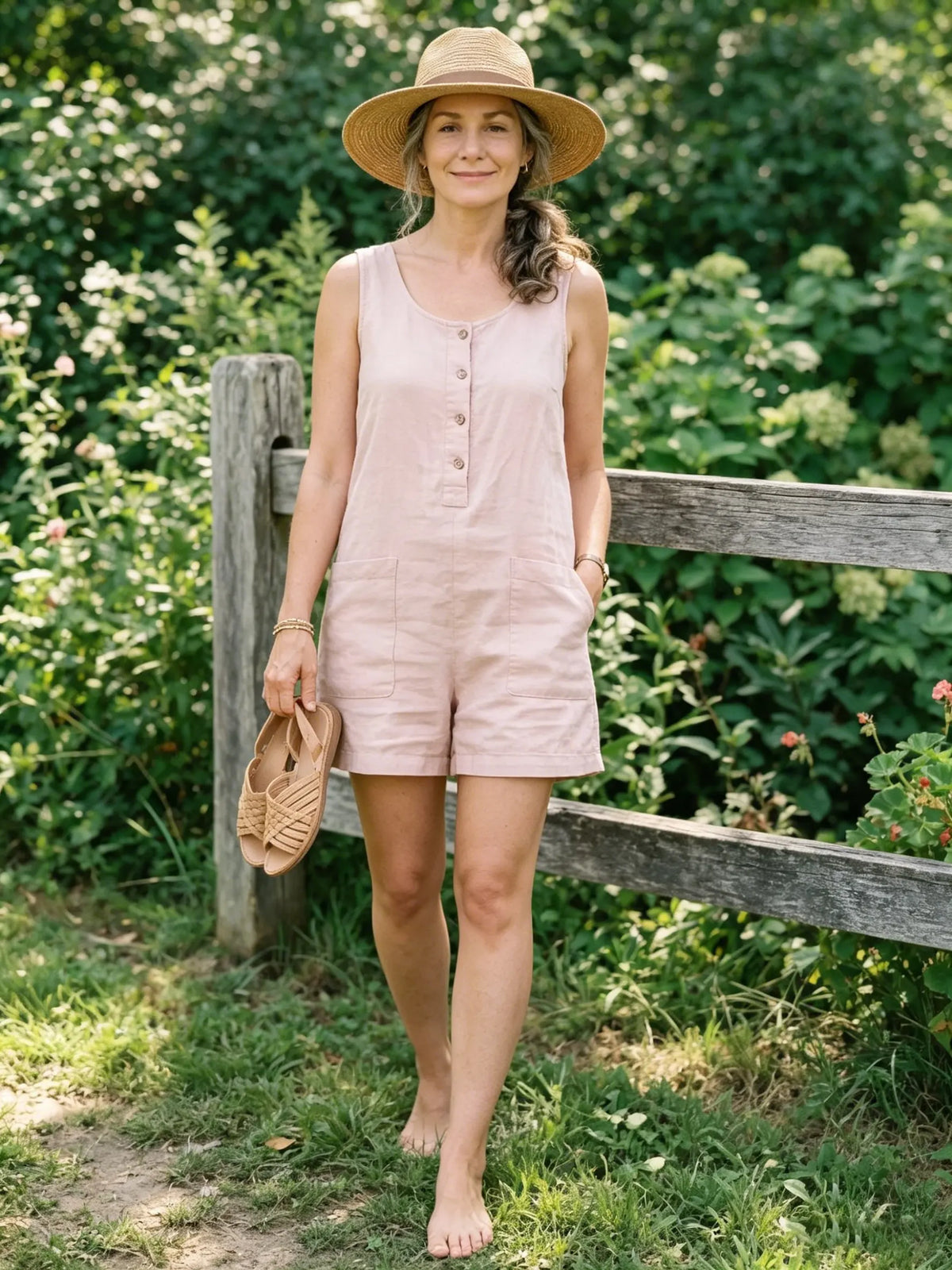 Women's Solid-Color Sleeveless Cotton-Linen Short Jumpsuit with Partial Button Placket and Multiple Pockets