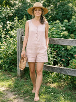Women's Solid-Color Sleeveless Cotton-Linen Short Jumpsuit with Partial Button Placket and Multiple Pockets
