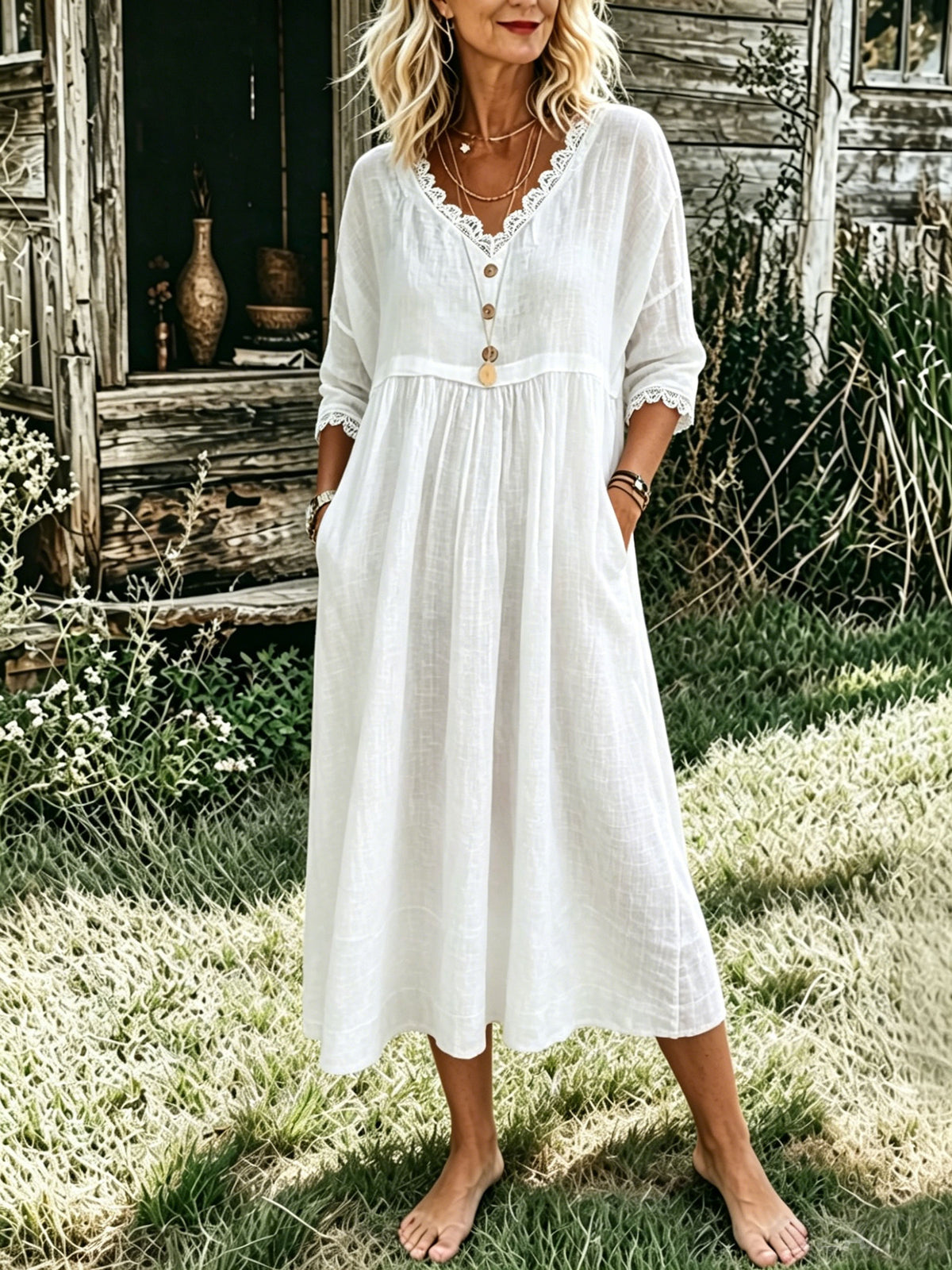 Women’s Casual Cotton Lace Collar Trim V Neck Pocket Dress
