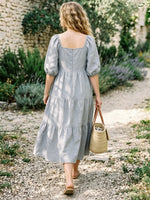 Women's Solid Color Square-Neck Puff-Sleeve Tiered Cake Dress