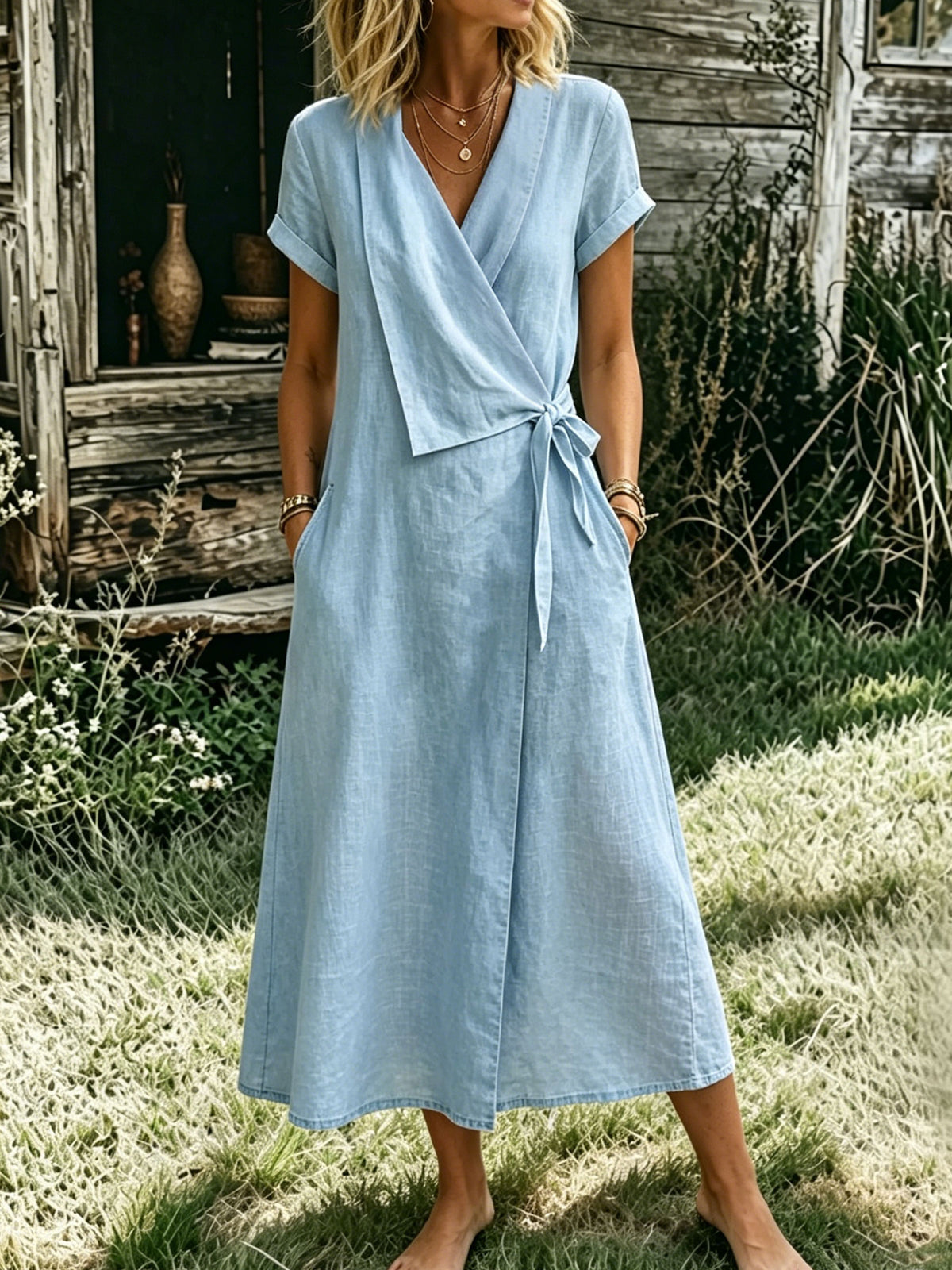 Women’s Casual Cotton Short Sleeve Lapel V-neck Pocket Maxi Dress