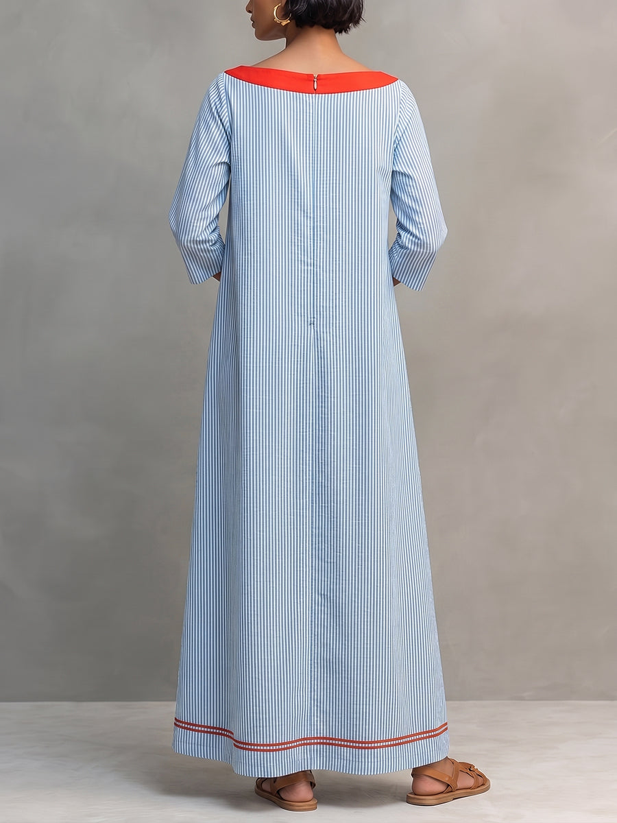 Elegant Striped Boat-neck Vacation Dress