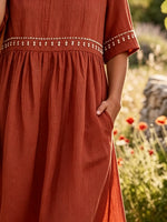 Women's Solid Beaded Trim Gathered Short Sleeve Boho Midi Dress