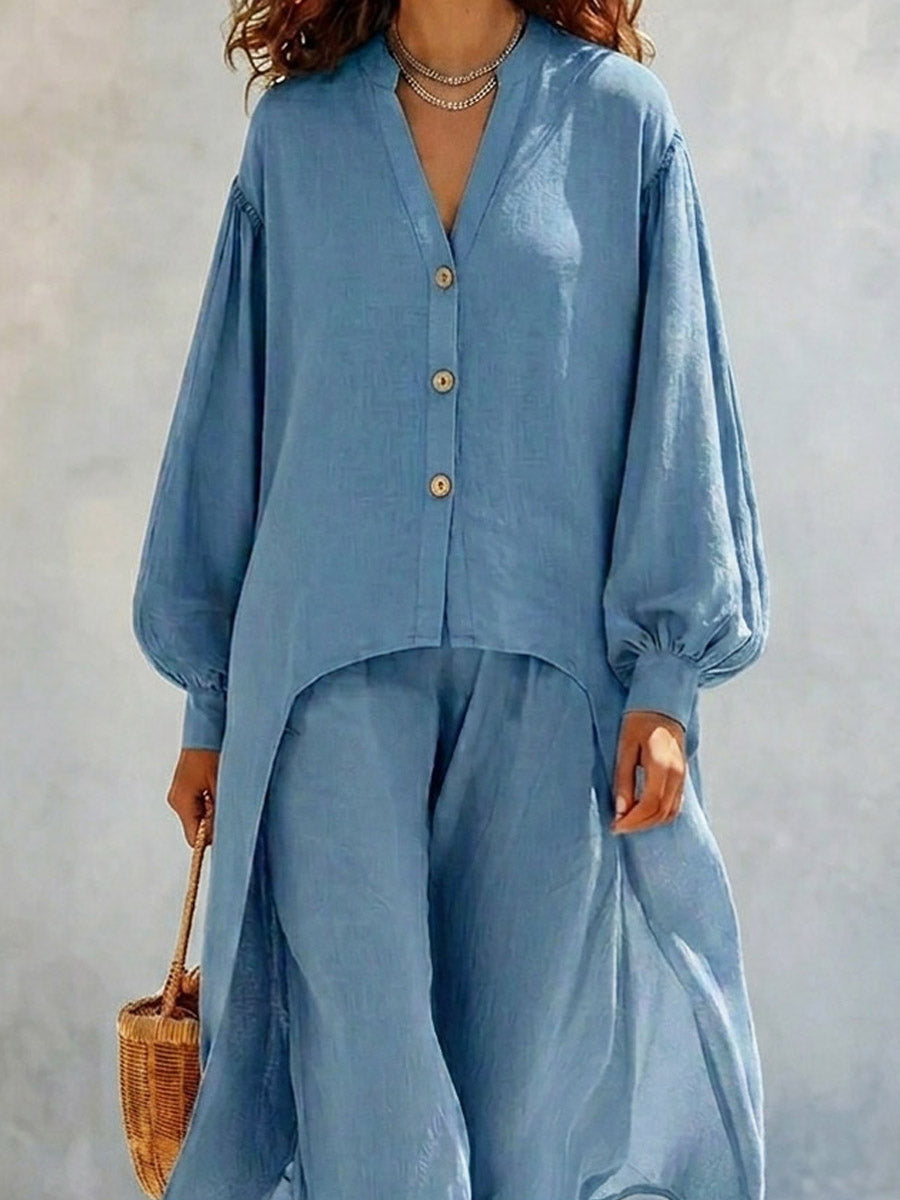 Women's V-Neck Art Casual Top And Pants Cotton And Linen Two-piece Set