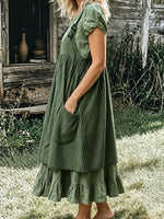 Women’s Casual Cotton Striped Sleeveless Pocket Vest Dress And Round-neck Short-sleeve Maxi Dress