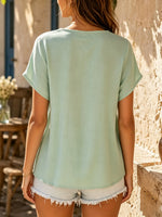 Women's Solid Front Pleated Half Button Loose Short Sleeve Babydoll Top