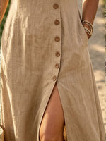 Women's V Neck Button Front Linen Maxi Dress, Short Sleeve High Slit Casual Dress With Pockets