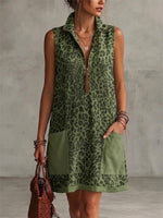 Leopard Print Sleeveless Cropped Dress Featuring A Half-zip Collar And Contrasting Patch Pockets.