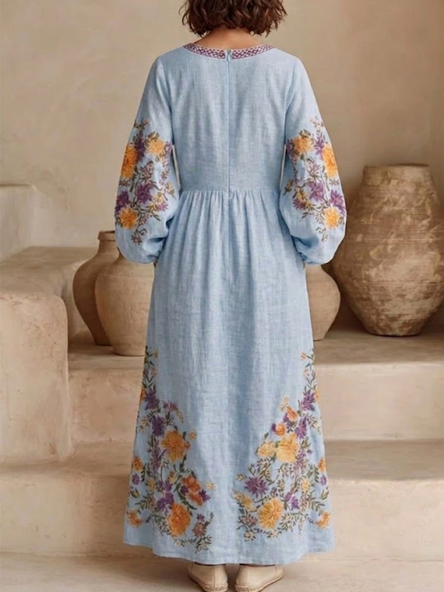 Boho-vintage Style Purple & Yellow Floral Linen Maxi Dress – V-neck, Long Puff Sleeves, High Waist, And Full Skirt