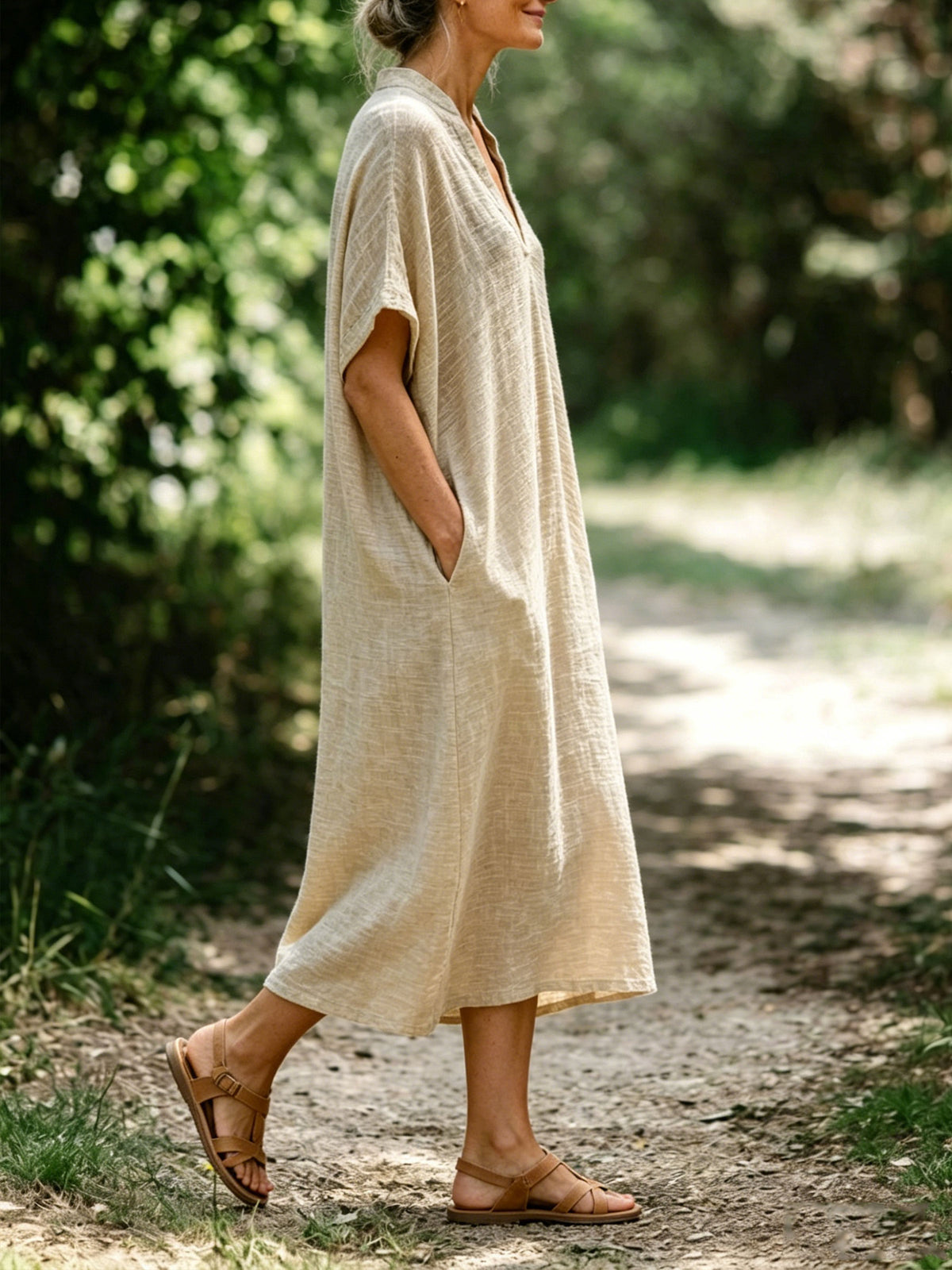 Women’s V Neck Stand Collar Linen Midi Dress, Loose Short Sleeve Casual Dress With Side Pockets