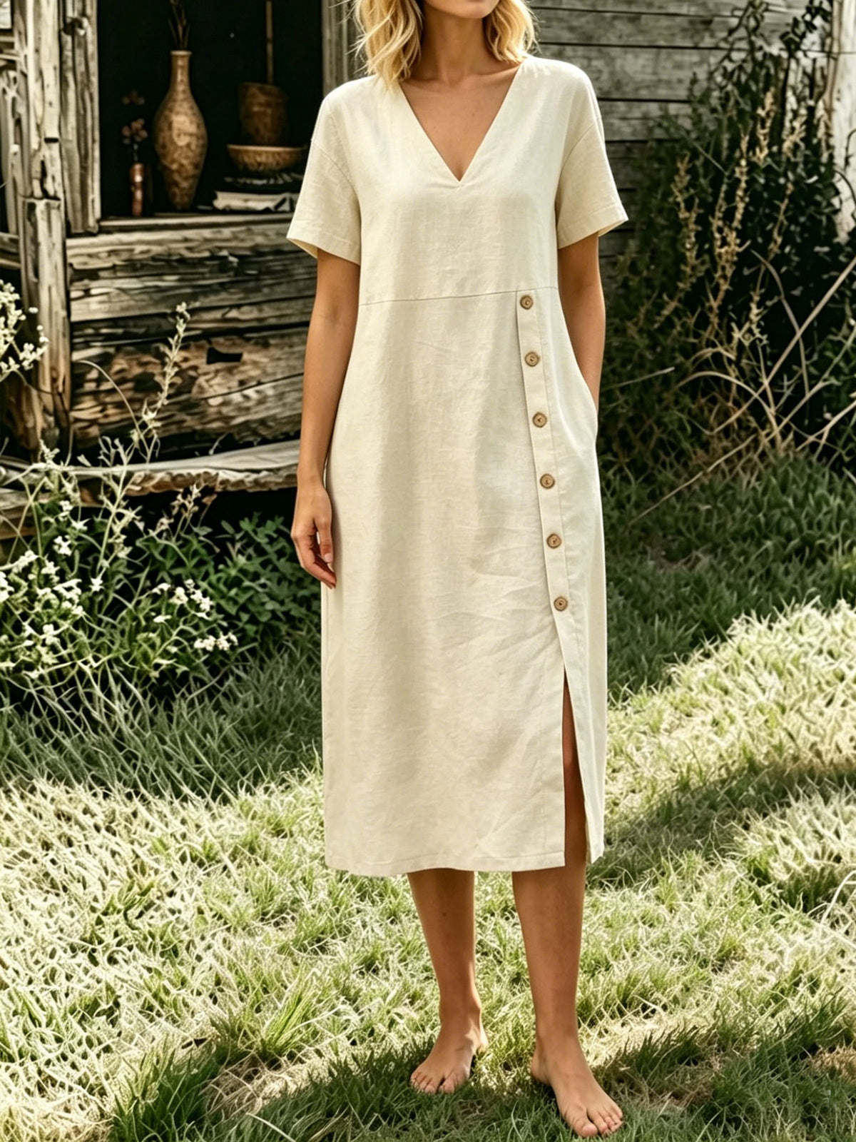 Women’s Casual Cotton Side-button Slit Short Sleeve V Neck Pocket Dress