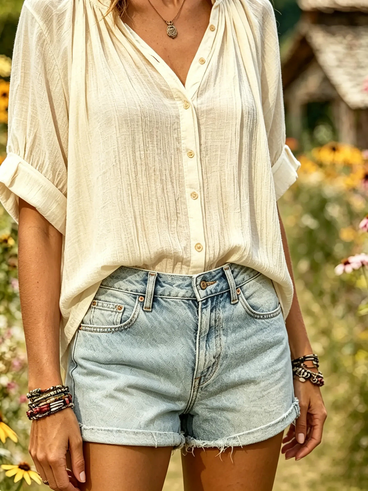 Women's Solid Textured Stand Collar Half Button Roll Cuff Short Sleeve Blouse