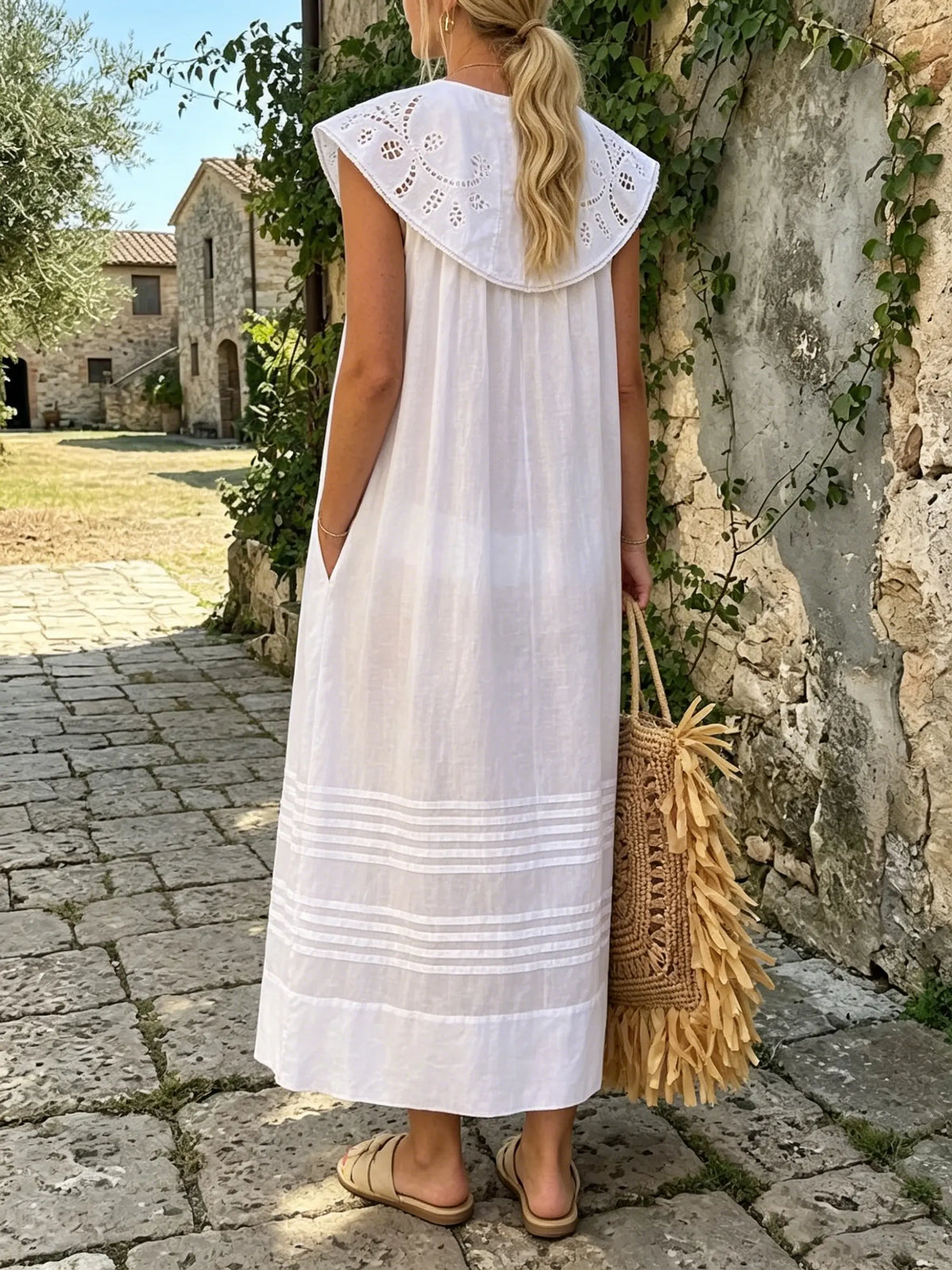 Vintage Lace Collar White Cotton Midi Dress