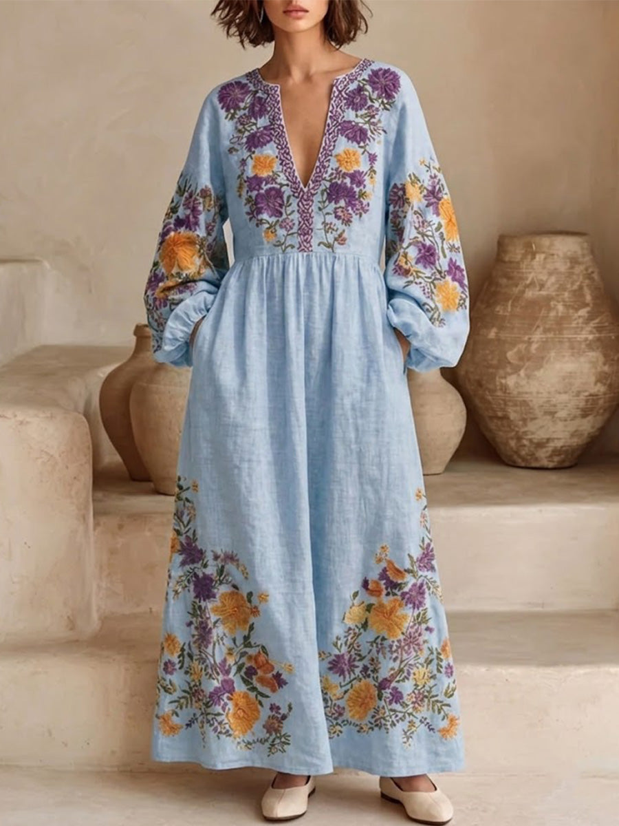 Boho-vintage Style Purple & Yellow Floral Linen Maxi Dress – V-neck, Long Puff Sleeves, High Waist, And Full Skirt