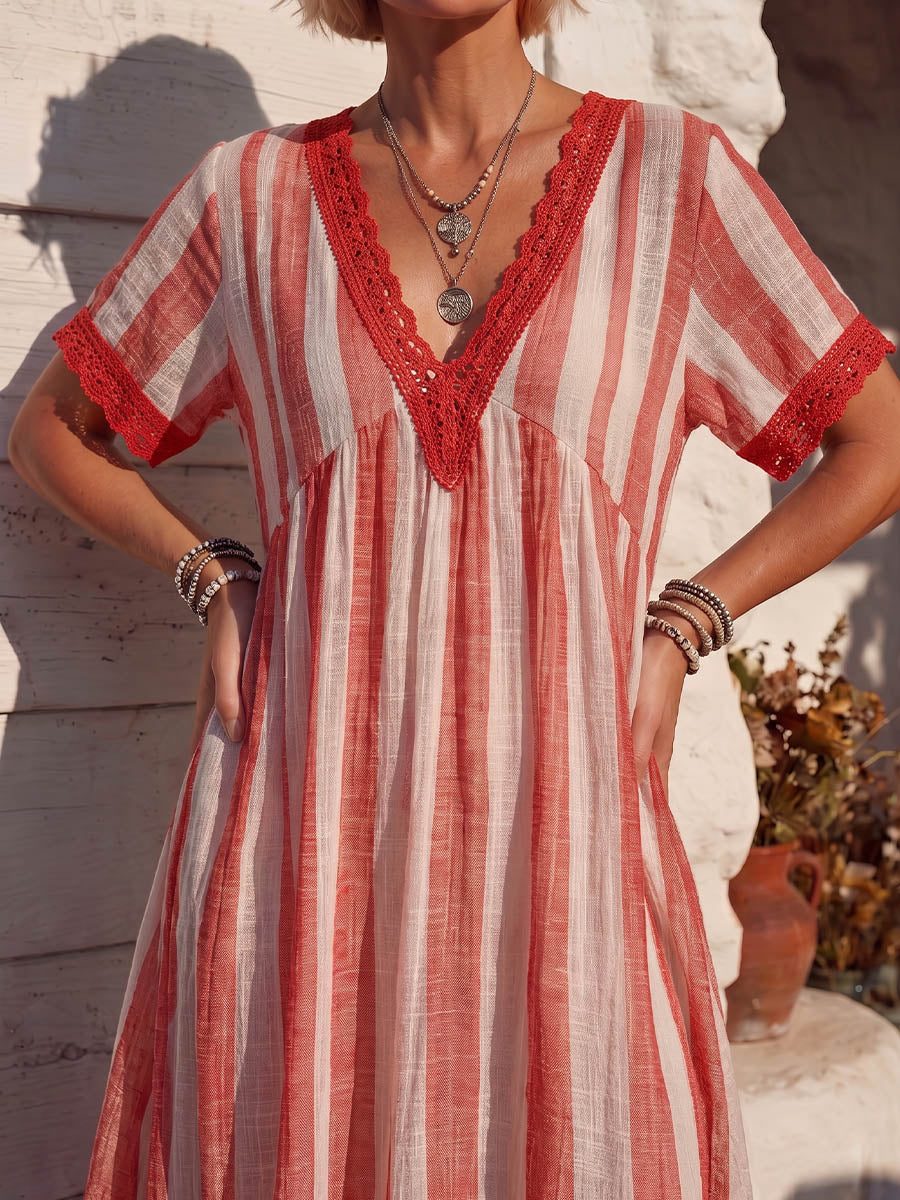 Vintage Art Comfortable Summer Fabrics Cotton Linen Contrasting Stripes Dress