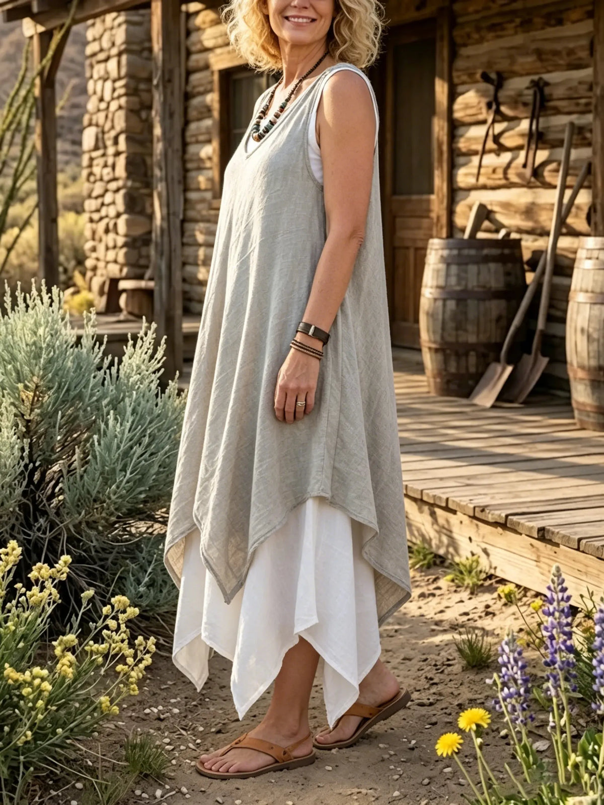 Women's Solid Two Layer Asymmetric Hem Linen Sleeveless Pocket Dress